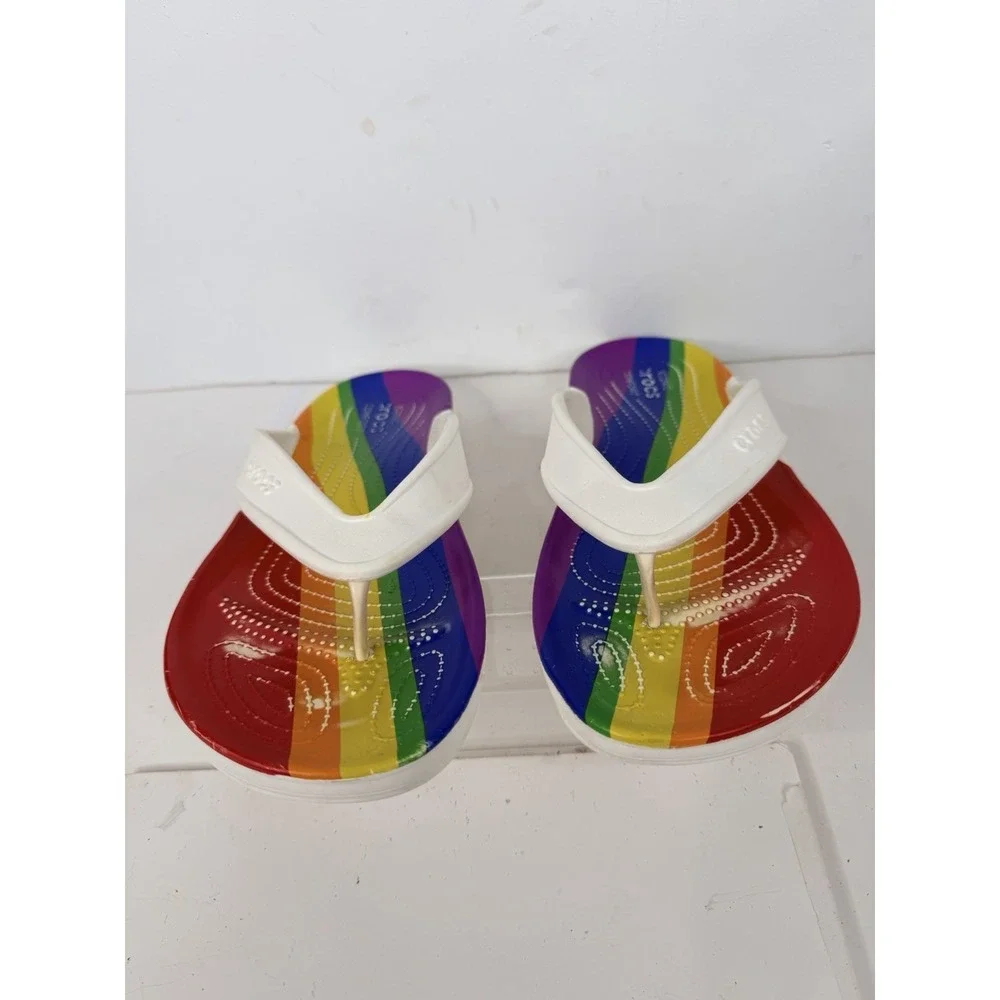 Crocs Iconic Comfort Rainbow Flip Flops White Men's Size 11 Pride‎ Sandals